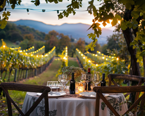 Table dressée pour un dîner romantique au milieu d'un vignoble