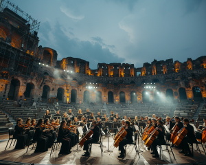 Intérieur d'un opéra italien avec orchestre en scène
