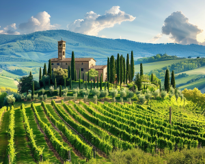 Paysage toscan avec cyprès et vignobles